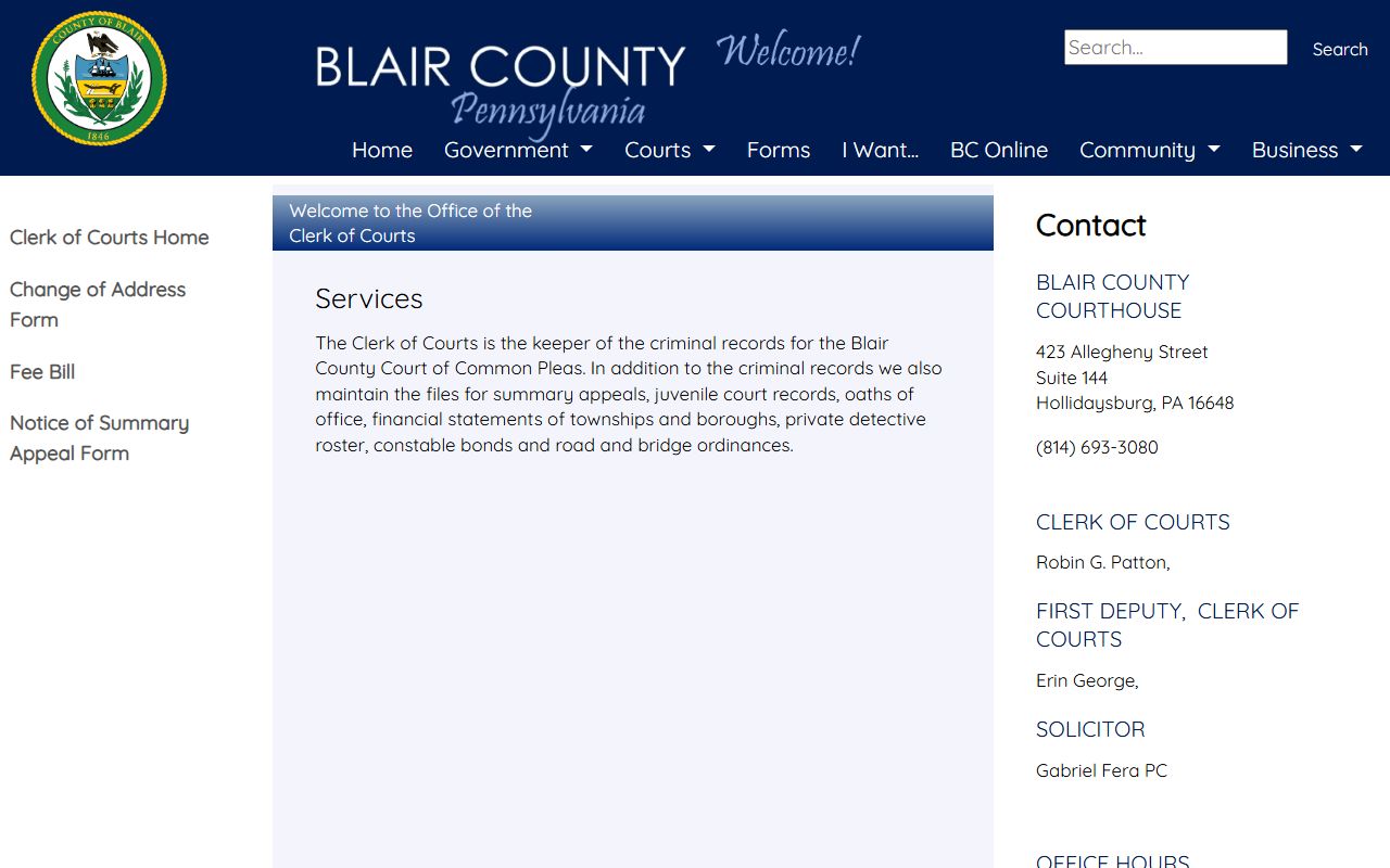 Blair County Clerk of Courts criminal records page for court records after arrest