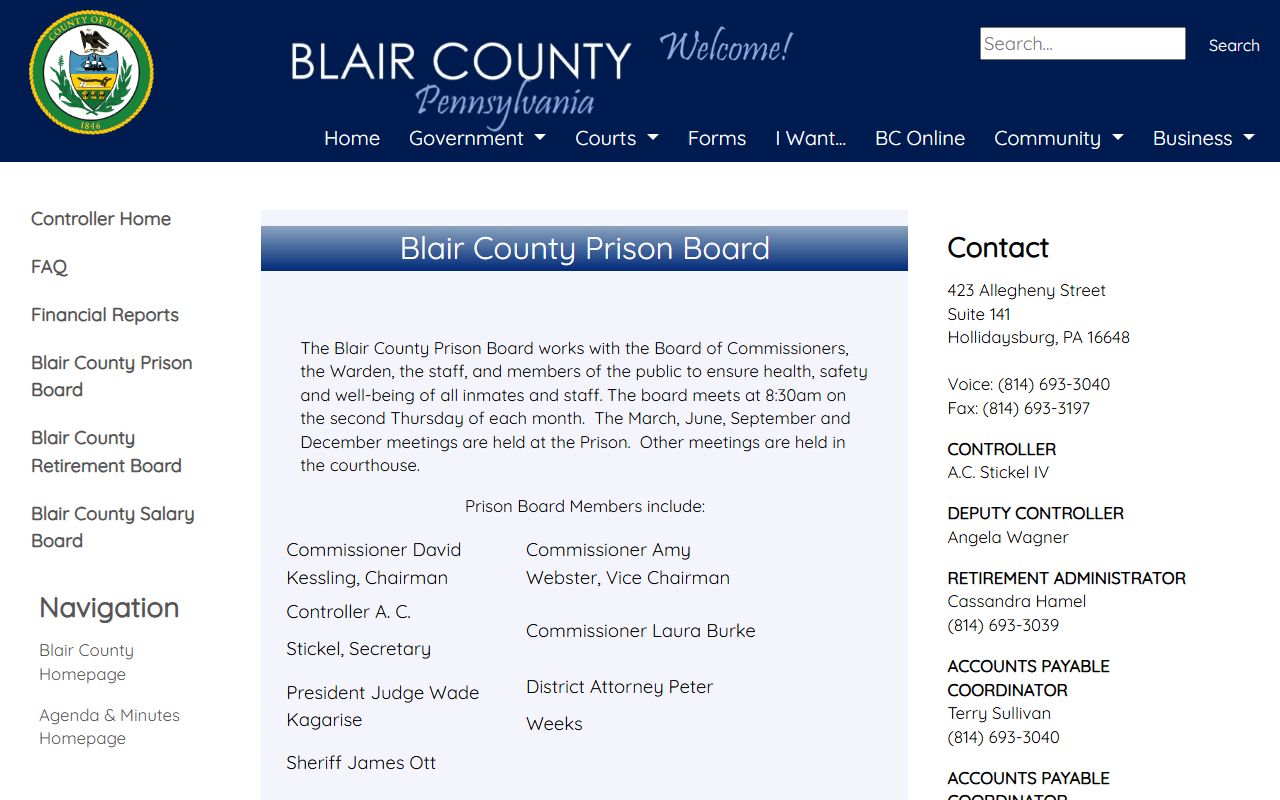 Blair County Prison Board inmate population records page