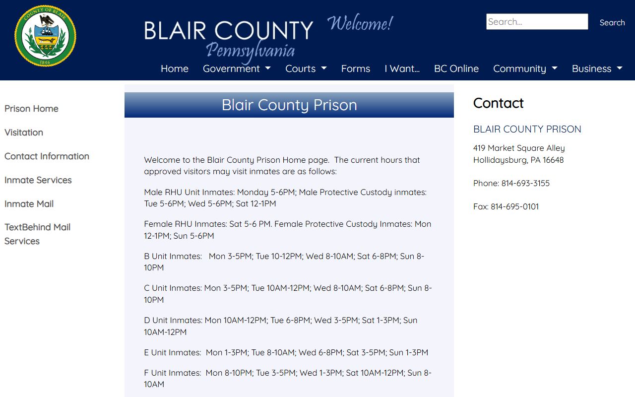 Blair County Prison inmate population and jail contact page