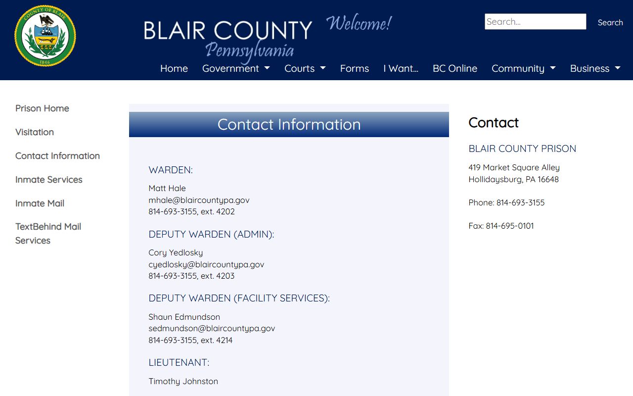 Blair County inmate records prison contact information