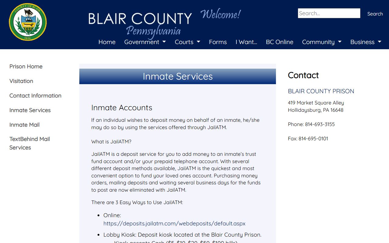 Blair County Prison inmate services for phone money commissary and medical care