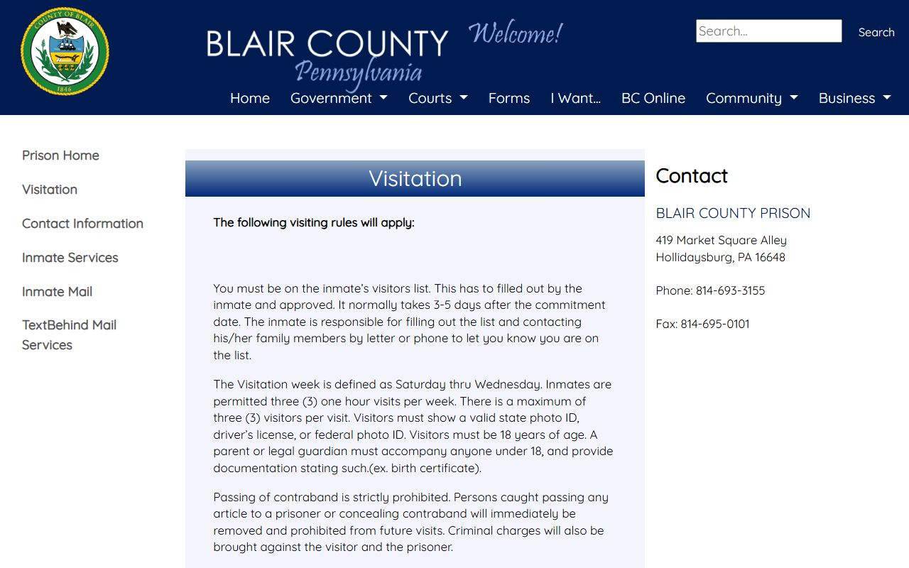 Blair County Prison visitation schedule for inmate visits