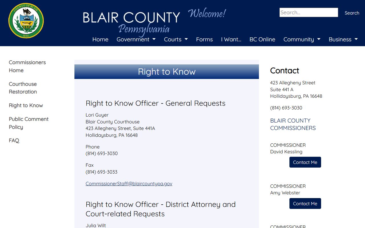 Blair County Right-to-Know page for requesting jail booking photos