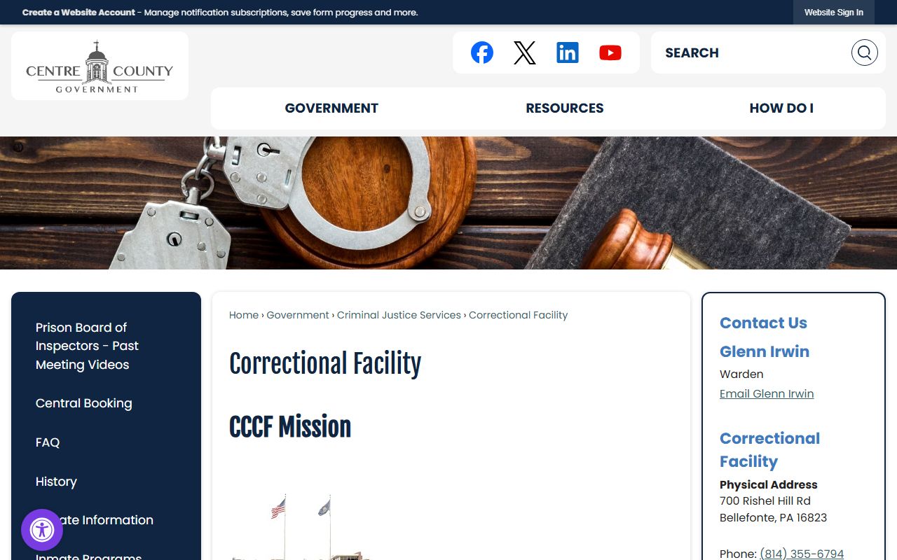 Centre County Correctional Facility contact page for inmate facility information