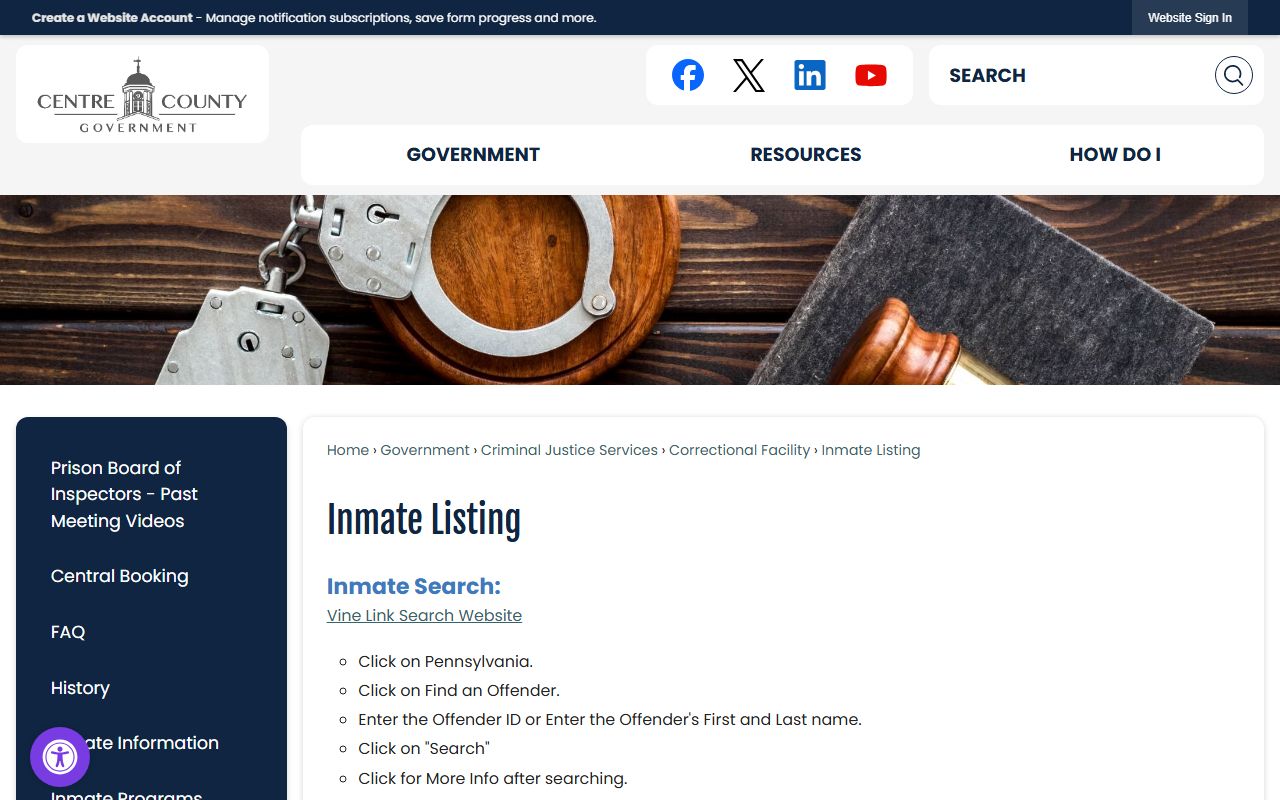 Centre County inmate listing page for VINELink inmate search